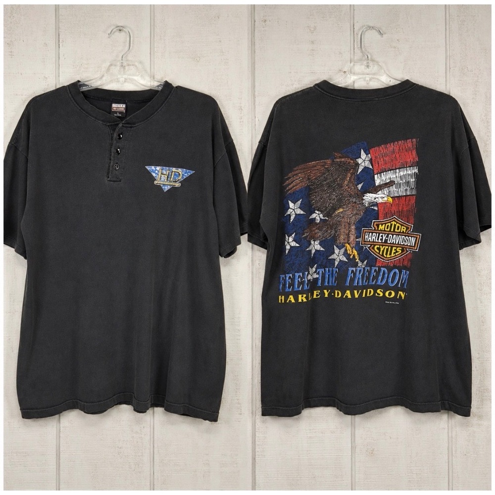 Vtg Harley Davidson Henley T Shirt L Single Stitch Eagle Flag 90s Biker Moto USA